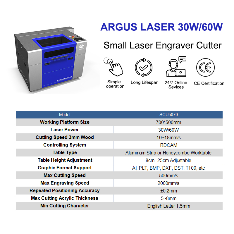 ARGUS Factory hotsale Laser Cutting Engraving Machine 30W 60W Laser Cutter 500*700mm Wood Paper Glass Rubber Stamp Engraving Machine For Sale 