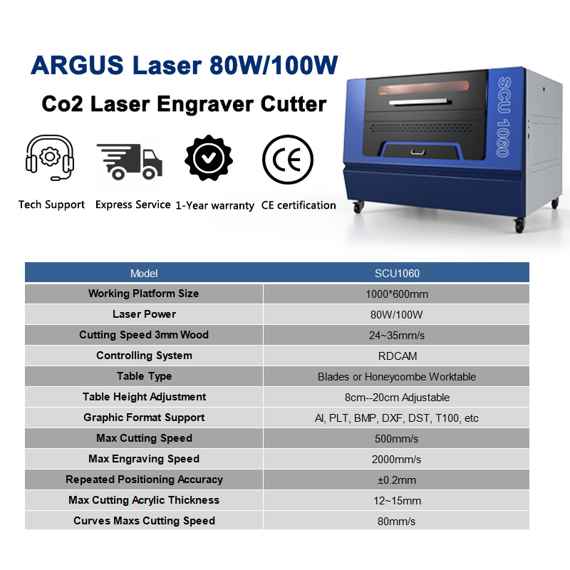 ARGUS Factory Hot Sale 1060 80W 100W Wood Laser Engraving Machine Co2 Acrylic Laser Cutting Machine Ruida System Engraving Laser Machine Fabric Laser Cutting Machine