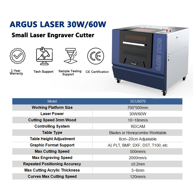 ARGUS High Precision 5070 30W 60W Co2 Laser Engraver Cutter Laser Engraving Cutting Machine Small Laser Nonmetal Cutting Machine Logo Printing Machine 500*700mm